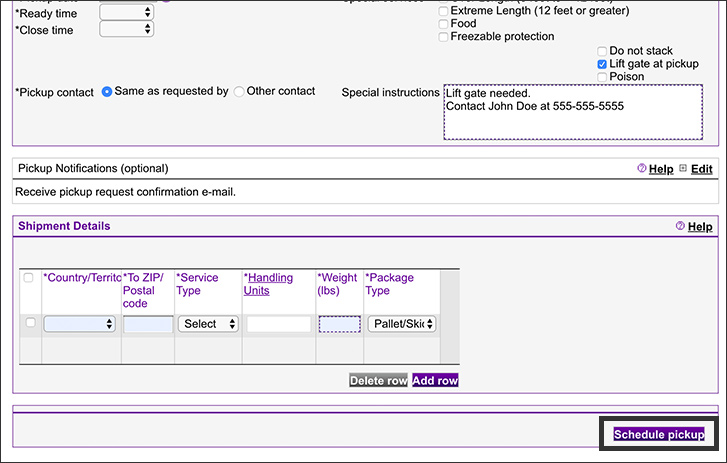 Screenshot of step 9 for how to schedule a LTL pickup online