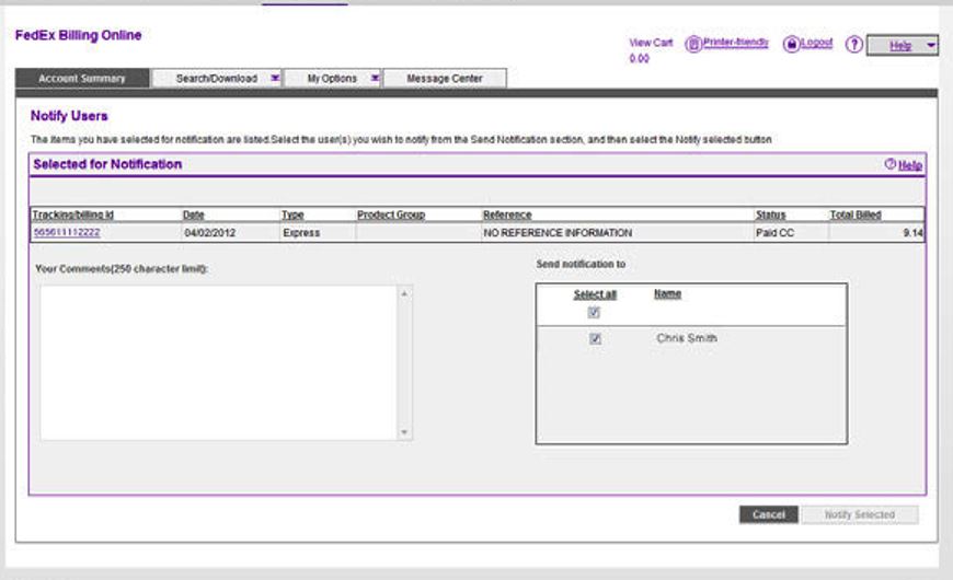 FedEx Billing Online User Notification Screen