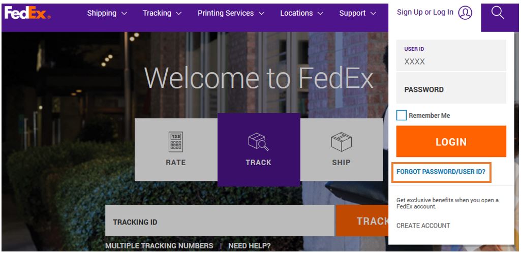 FedEx Login screen