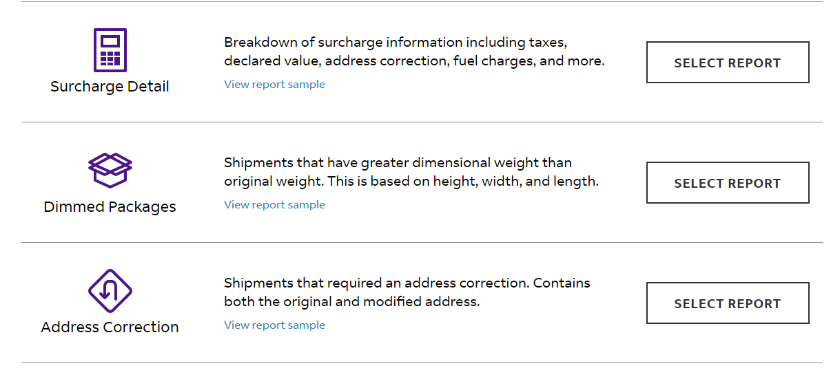 New surcharge detail, dimmed packages, and address correction reports are available New surcharge detail, dimmed packages, and address correction reports are available