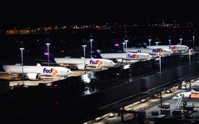 A fleet of FedEx airplanes.