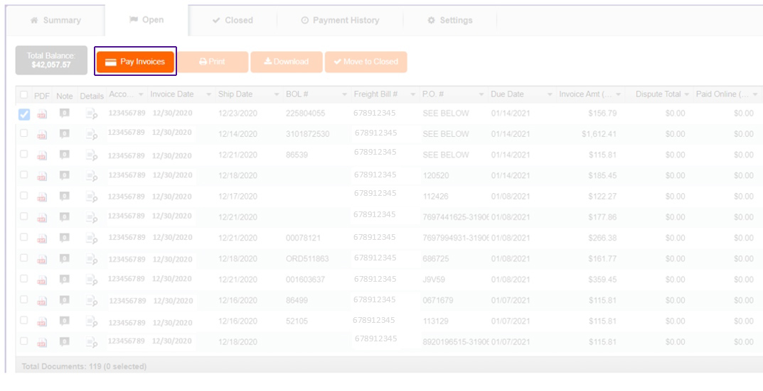 Select Freight Billing invoices to pay screenshot