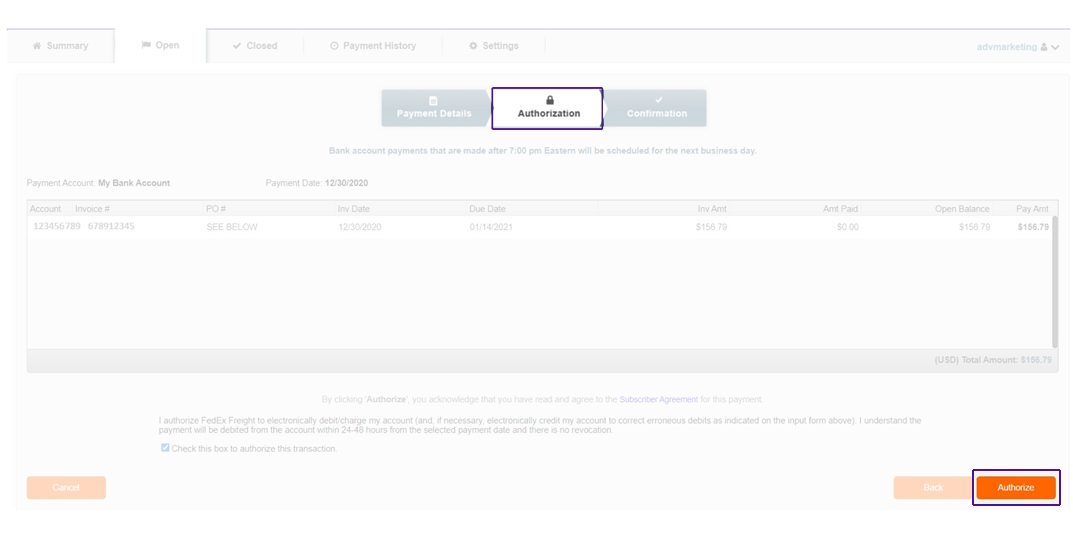 : authorize FedEx Freight payment screenshot