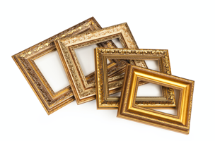 Image of 4 gold, ornate, empty frames.