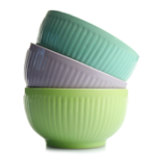 Image of 3 bowls in blue, purple and green.