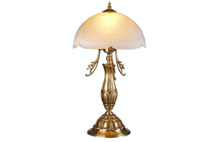 Image of antique brass lamp with porcelain shade.