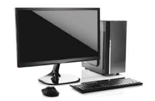 Image of desktop computer, monitor, keyboard, mouse and tower.