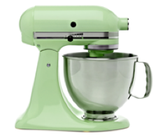 Image of standing mint green kitchen aid mixer.