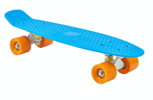 Image of blue skateboard with orange wheels.