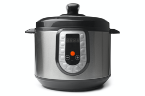 Image of grey and black, digital, instant pot pressure cooker.