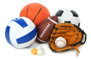 Image of sports equipment: soccer/volley/basket/foot balls, catcher mitt. 