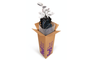 Image of golf bag box with golf clubs inside.