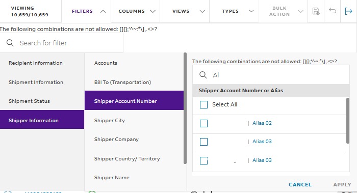 Image shows the 2-character search happening on the Shipper Account Number filter