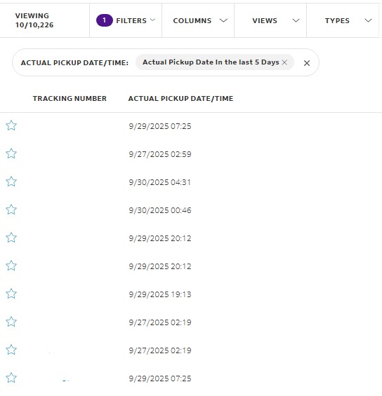 Image shows a new column called Actual Pickup Date/Time