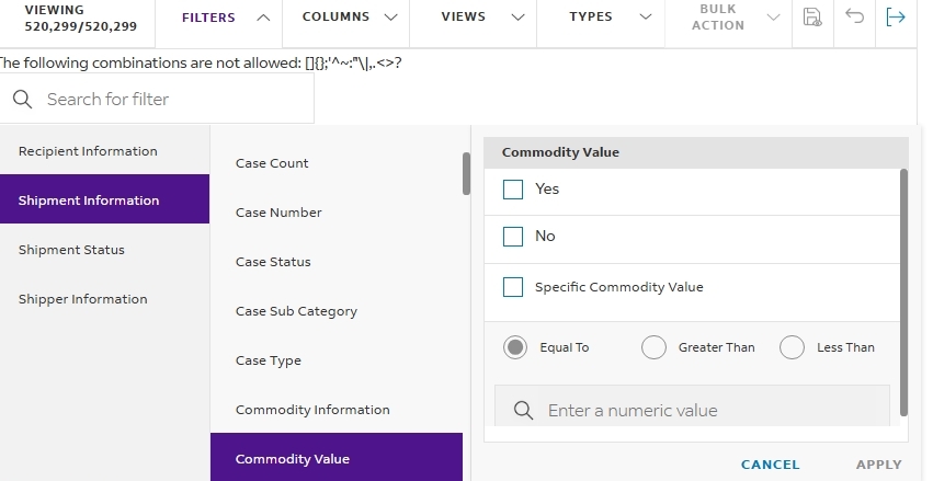The image shows the new Commodity Value filter