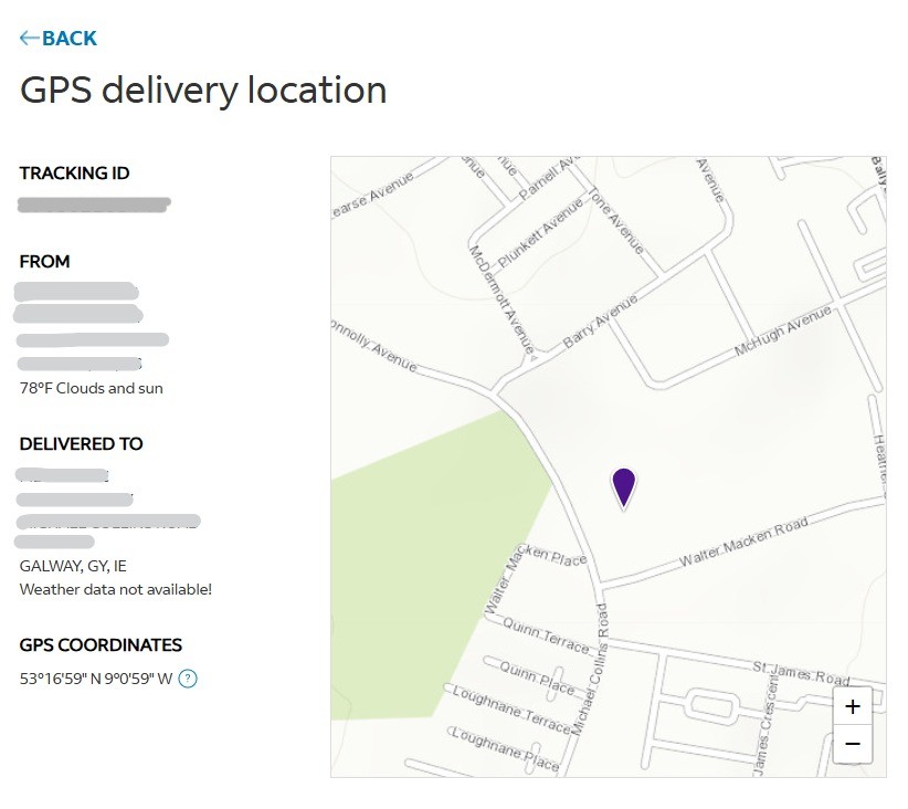 Image shows the GPS POD map for a shipment destined to Ireland