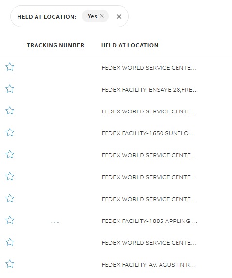 The Held at Location column showing facility types and address