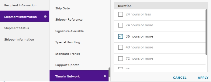 Image shows a new option for '36 hours or more' in the Time in Network filter