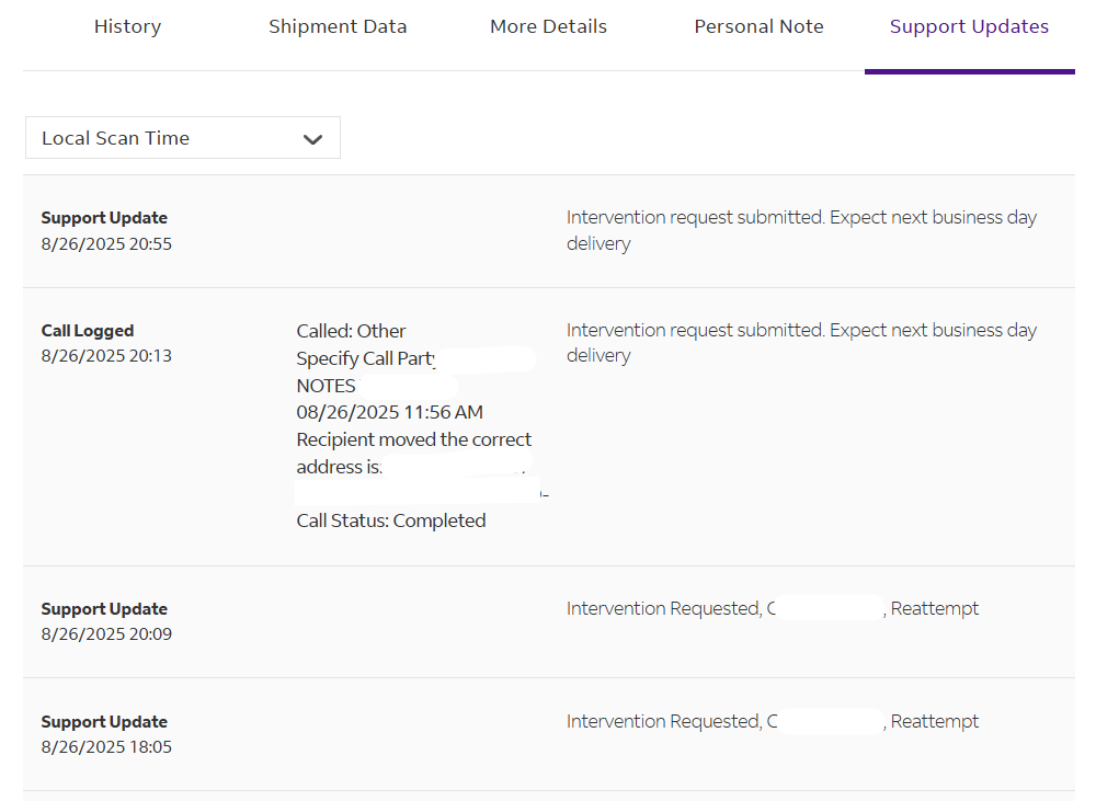 The image shows all the Support Updates associated with the respective shipment, not just the latest update.