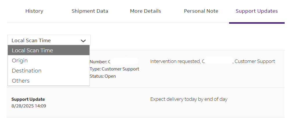 Drop-down for users to select the time zone in which they want to view the comments under the Support Update tab. The drop-down consists of four options: Local Scan Time, Origin, Destination, Others.