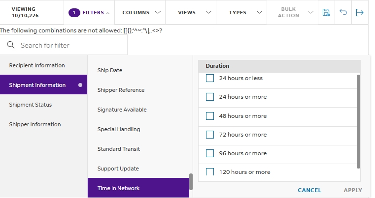The image shows the updated Time in Network filter